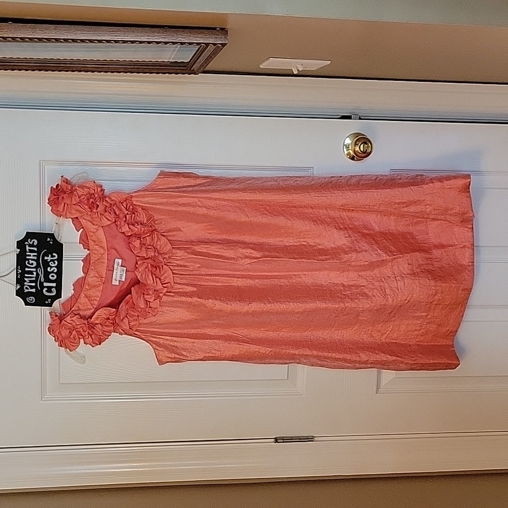London Times Dress 12 Coral Orange Dimensional Floral Neckline Sleeveless